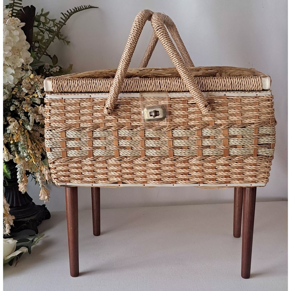 Vintage Standing Sewing Basket Box Woven Wicker Wood Legs MCM Japan